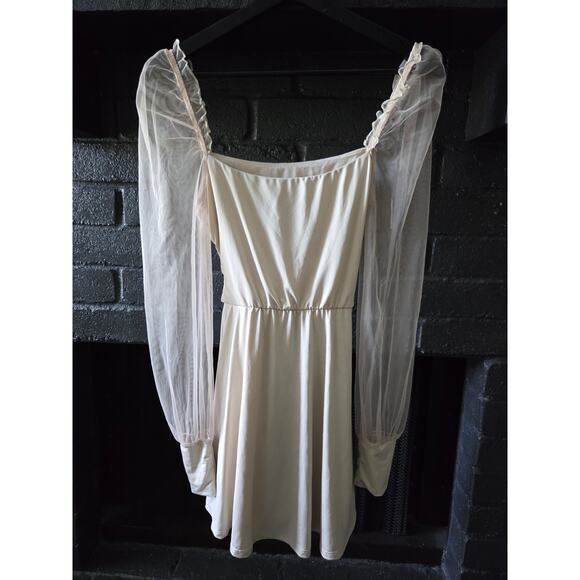 Lucy In The Sky Beige Mini Dress with Tie belt and sheer sleeves size Small - Picture 5 of 5